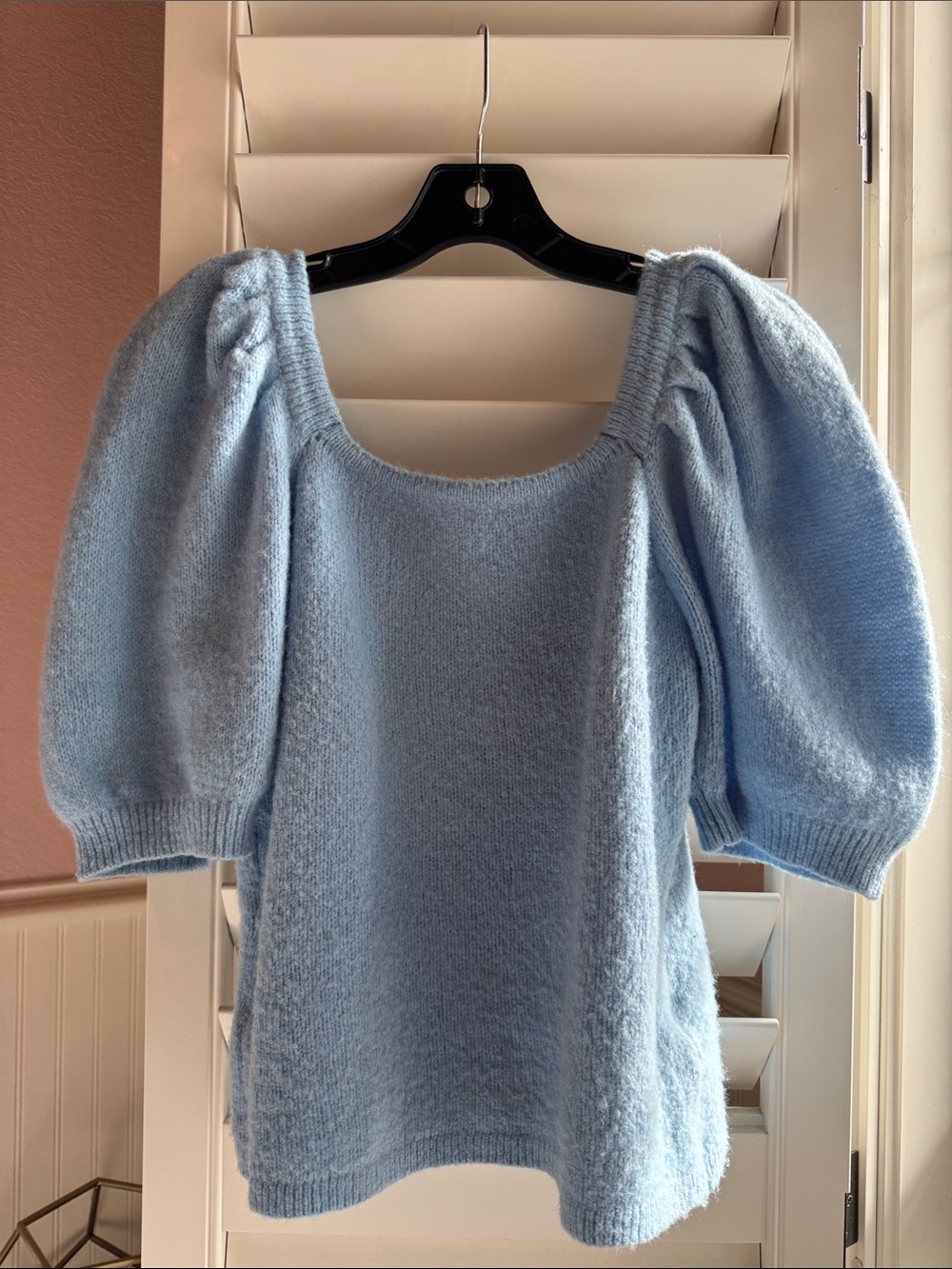 English Factory Light Blue Puff-Sleeve Square Neck Sweater